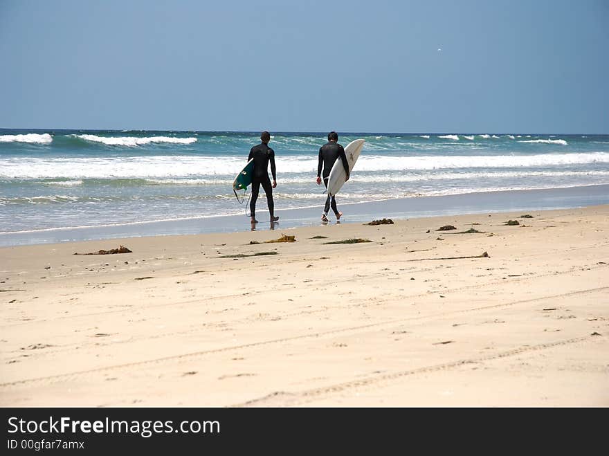 Two surfer walking by the beach