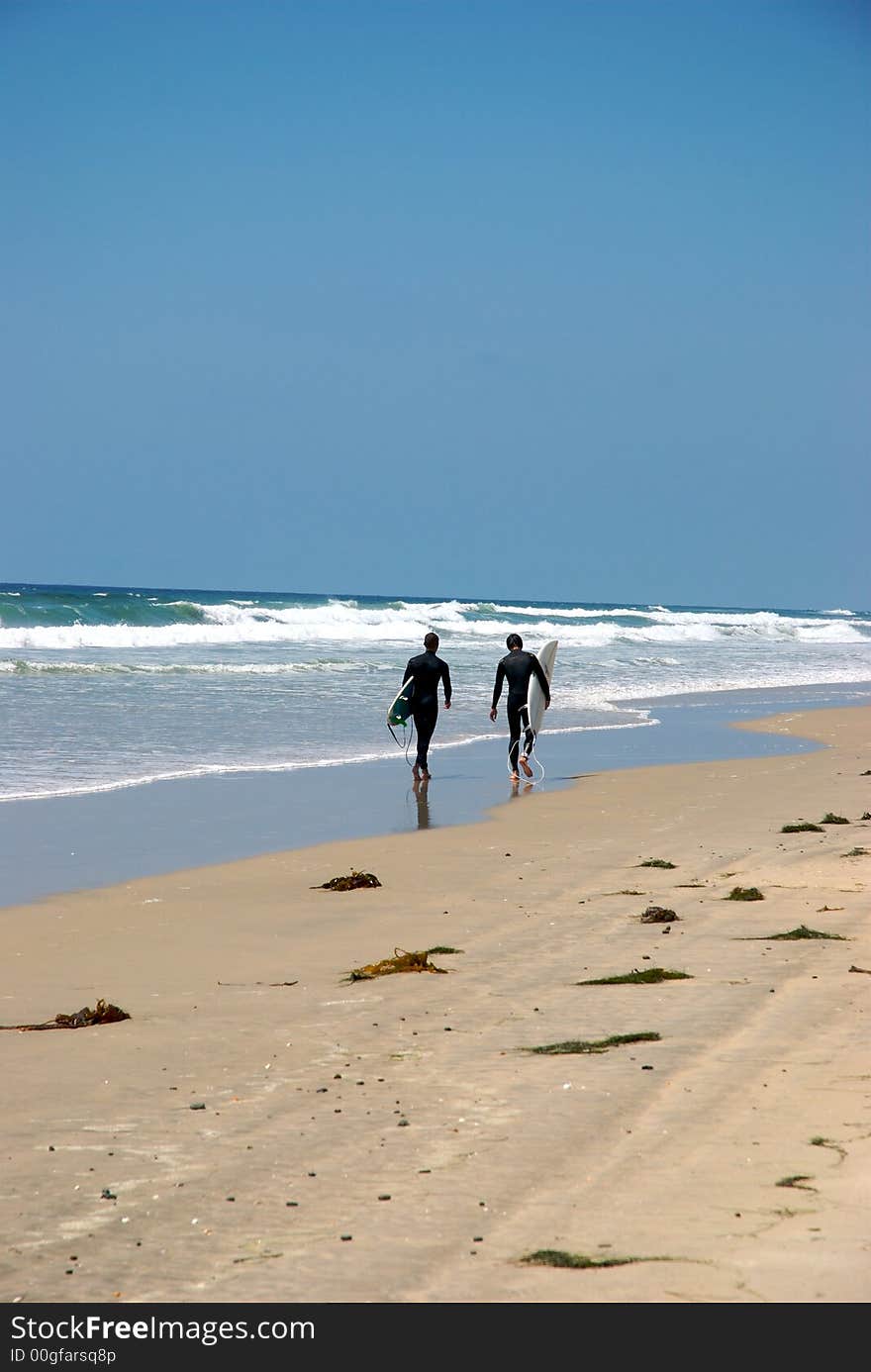 Two surfer walking by the beach