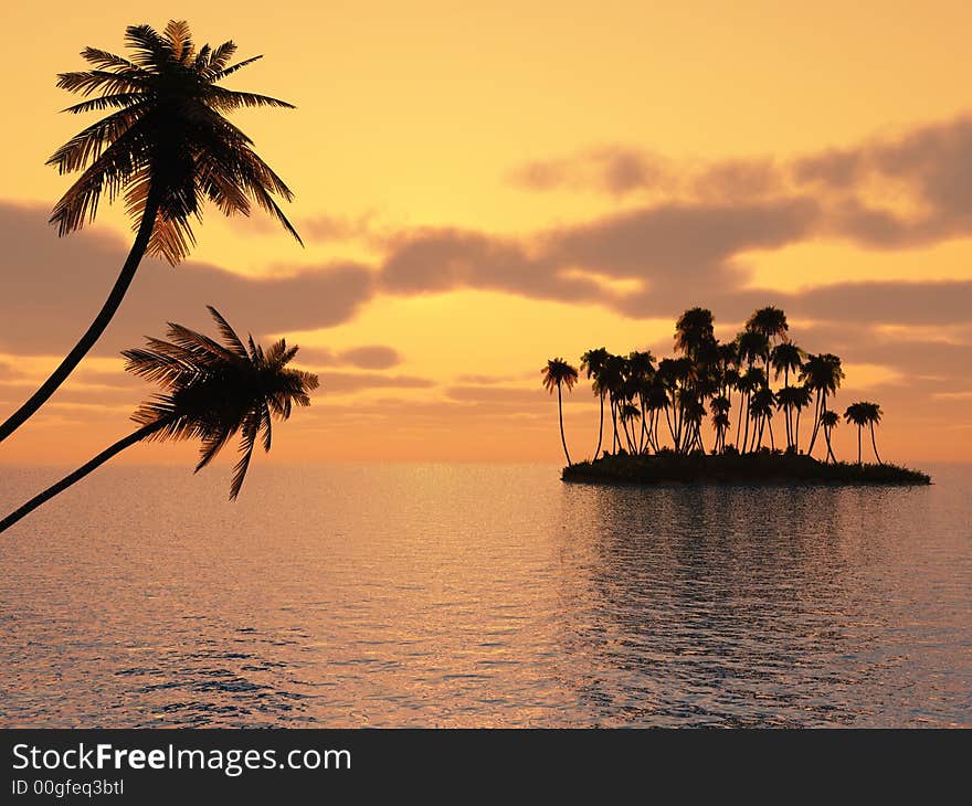 Sunset coconut palm trees on small island - 3d illustration.