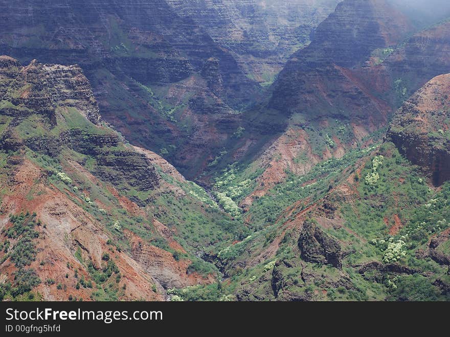 River path in a valley of Waimea Canyon on Kauai island, Hawaii.