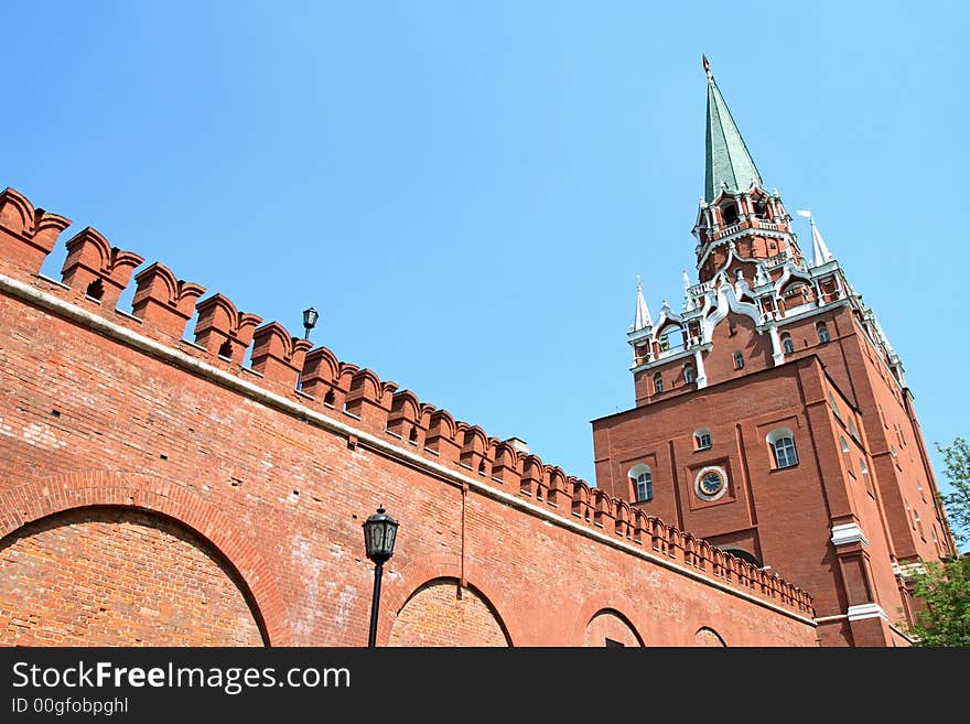 Troitskay tower with wall of Moscown Kremlin, Russia