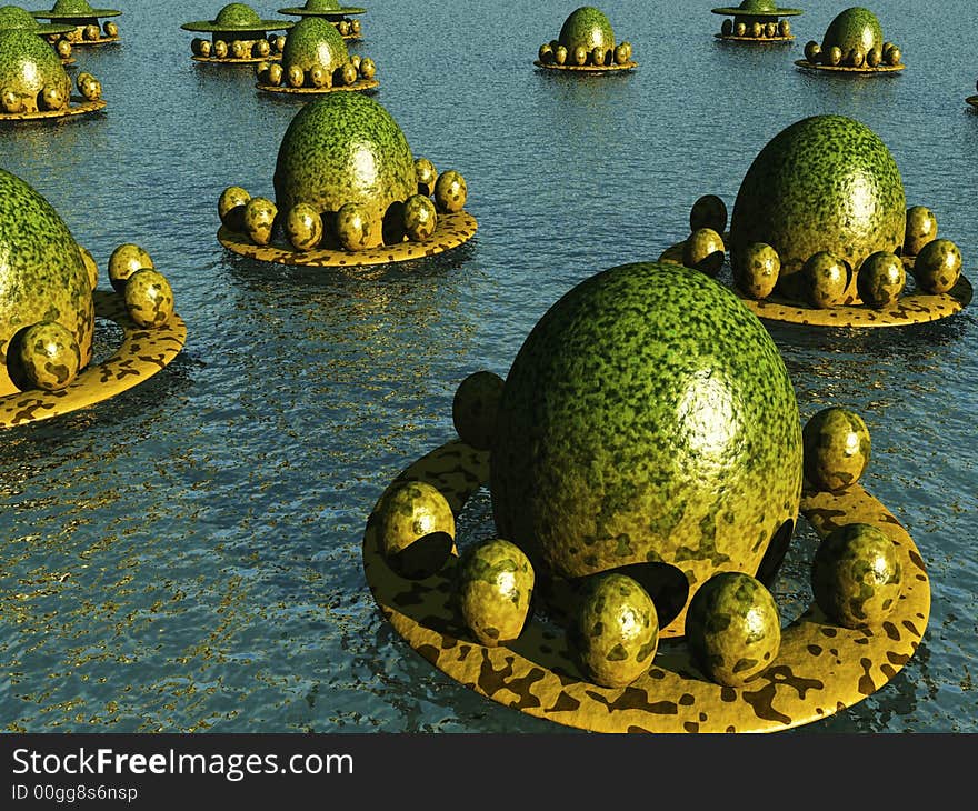 An ocean colony of alien eggs. An ocean colony of alien eggs.