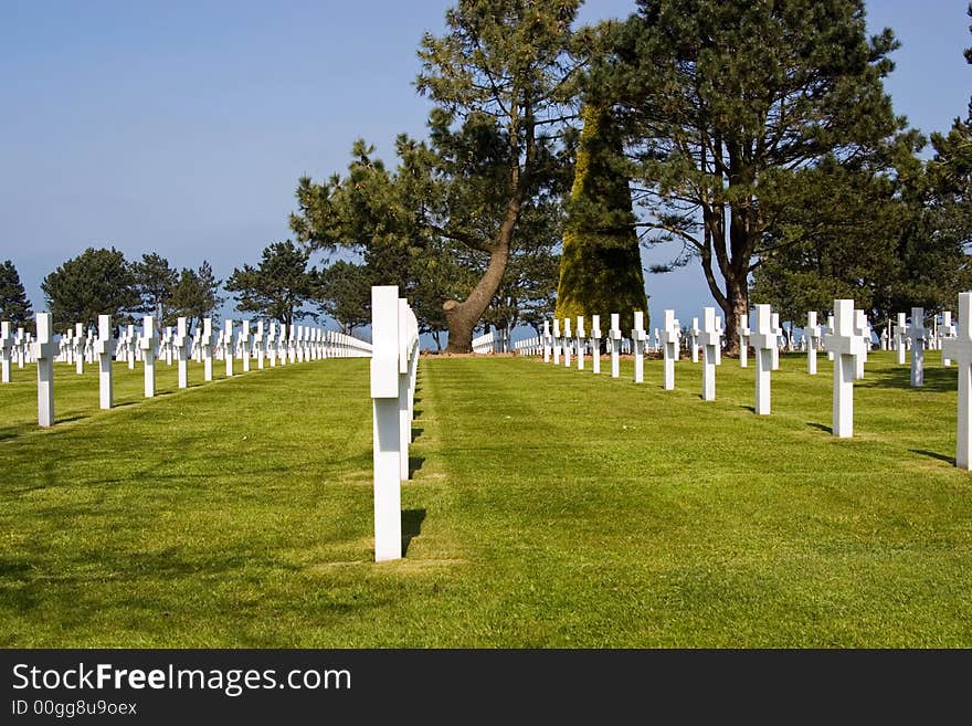 Rows of crosses at the Normandy American Cemetery, France