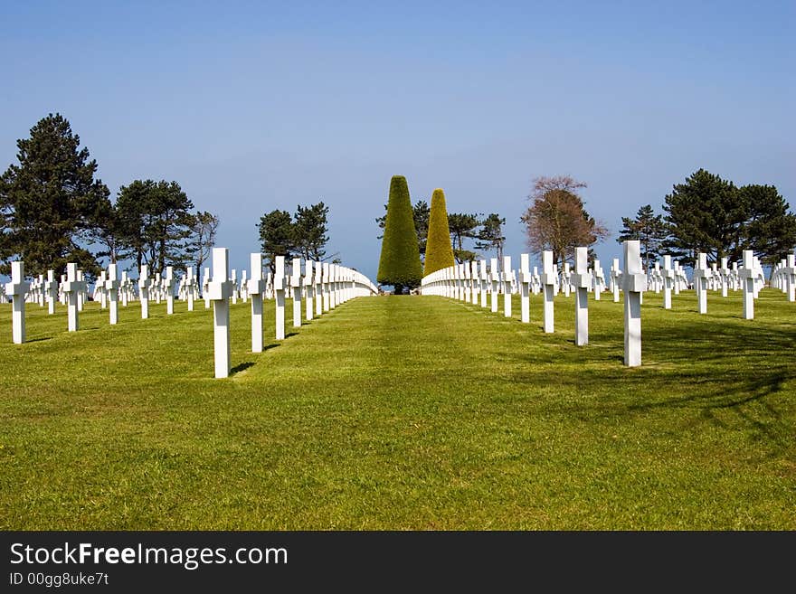 Rows of crosses at the Normandy American Cemetery, France