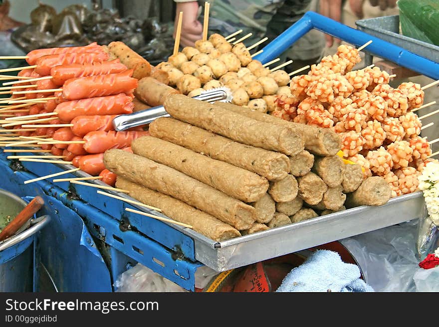 A selection of sausages for sale on the streets of Thailand. A selection of sausages for sale on the streets of Thailand