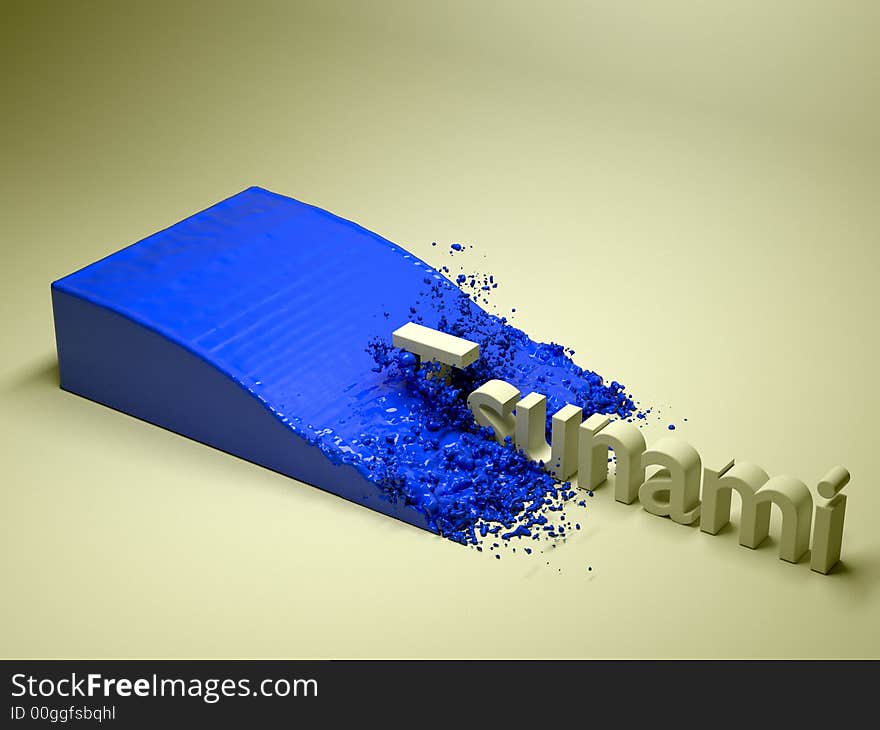 A tidal wave engulfs the word tsunami (3D computer render). A tidal wave engulfs the word tsunami (3D computer render)