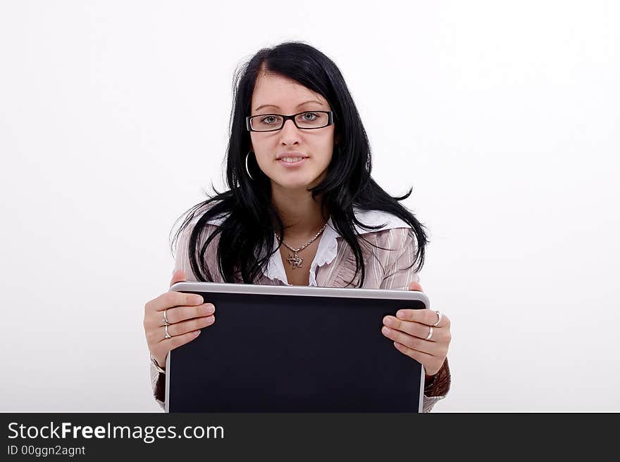 Young girl with a black laptop. Young girl with a black laptop