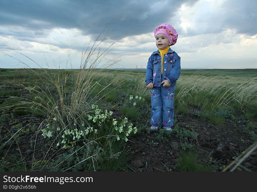 The little girl and field flowers. The little girl and field flowers