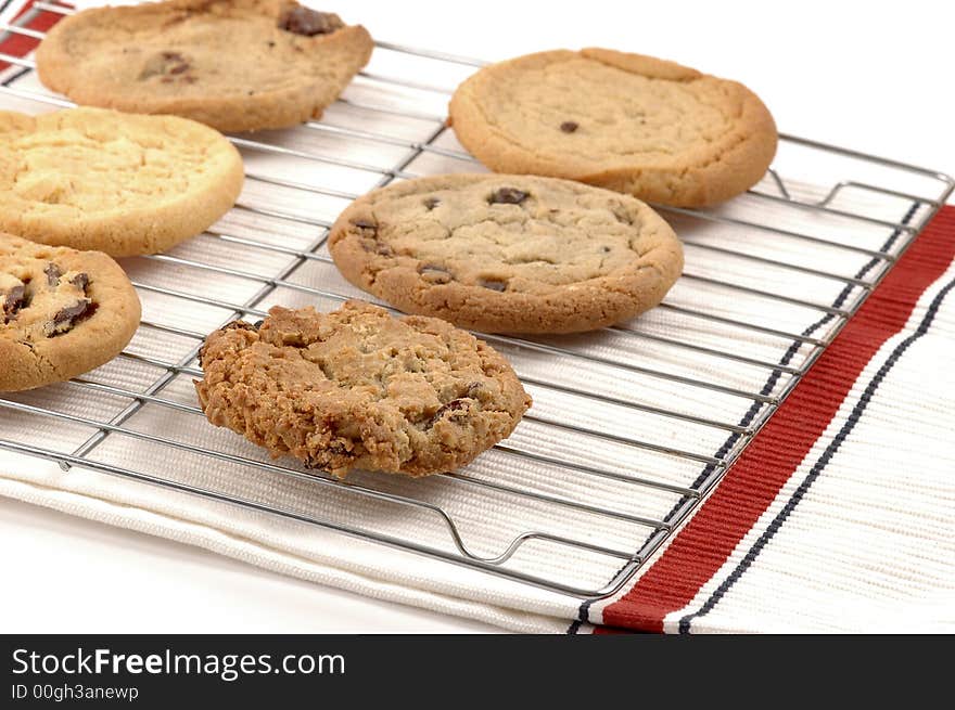 Rack of fresh baked cookies laid out to cool. Rack of fresh baked cookies laid out to cool.