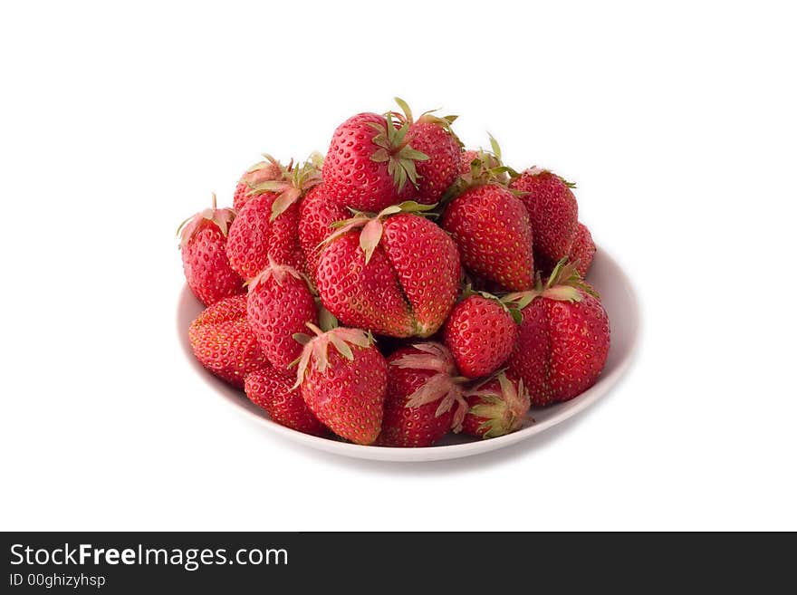 Plate with strawberries isolated on white with shadows