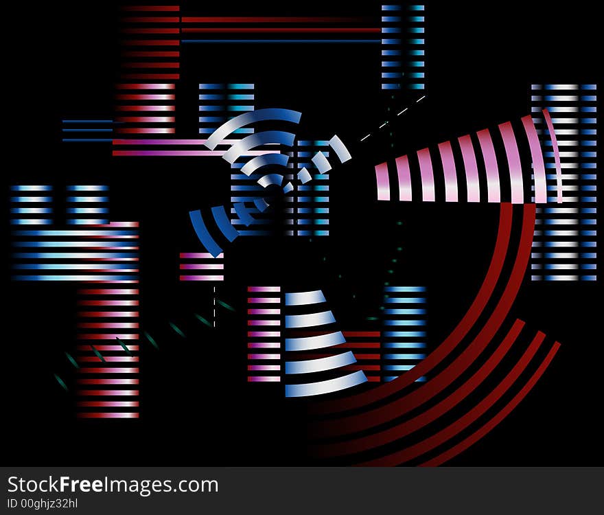 A brightly-colored abstract image with bars and circular shapes on a black backdrop. A brightly-colored abstract image with bars and circular shapes on a black backdrop.