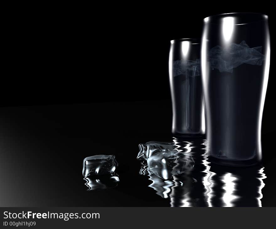 Two Glasses Of Water with ice cubes over black background