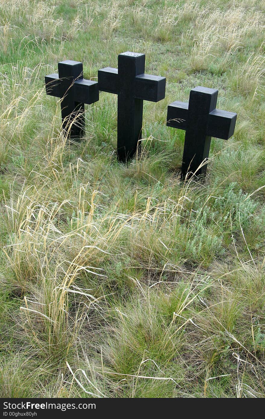 Three black crosses in a grass