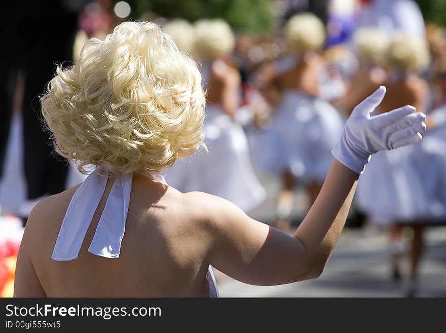 Appearance celebrated blonde on festival outdoor