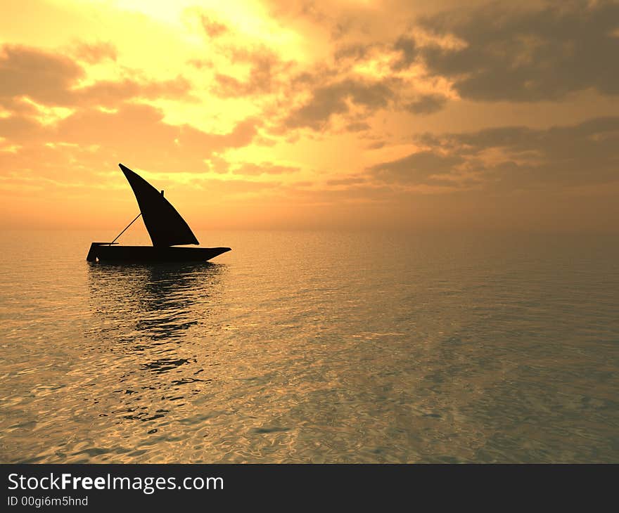 Small boat and  sunset  sky - 3d landscape scene .