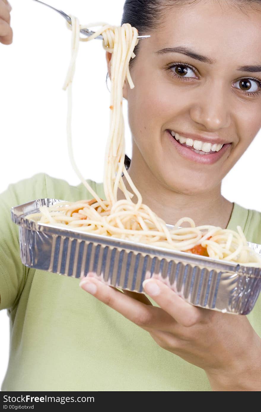 Girl eating spaghetti