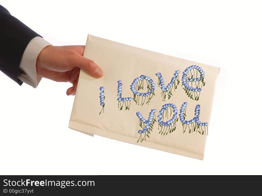 Hand of  businessman holds an envelope with  love message, text