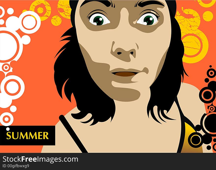 Vector portrait of scared girl on an orange background