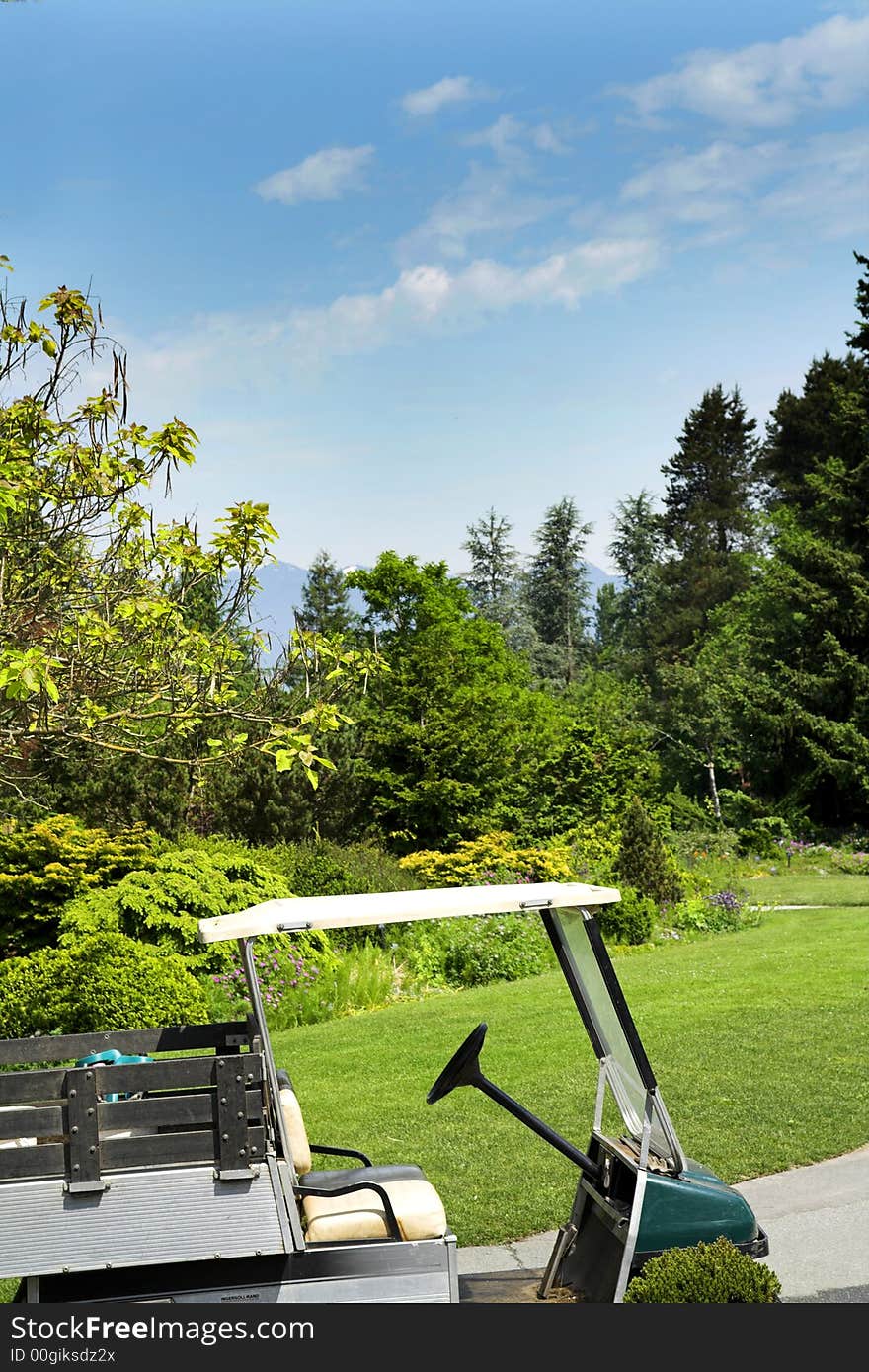 Shot of golf cart over blue sky in vancouver vandusen garden