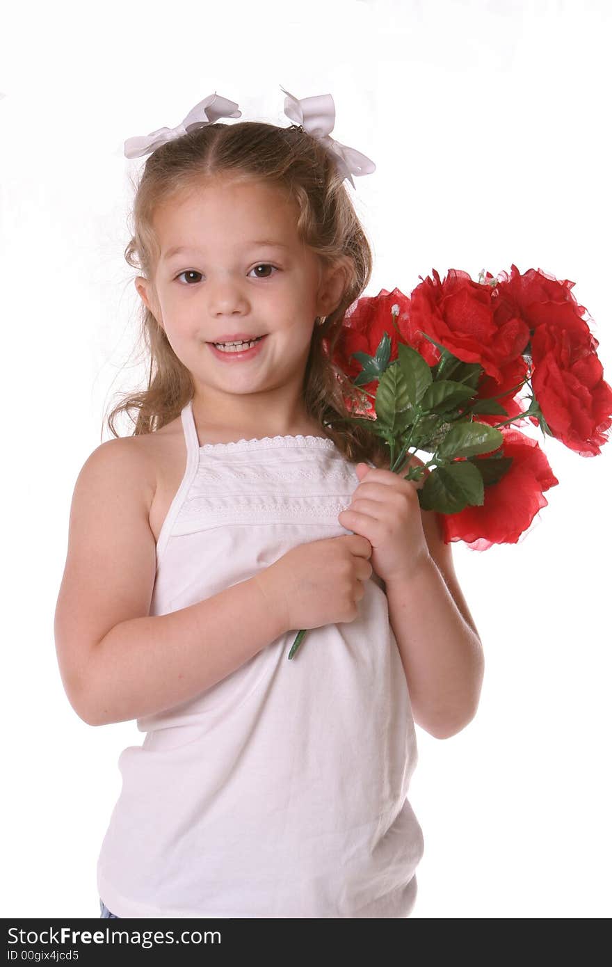 Girl holding roses with white bows. Girl holding roses with white bows