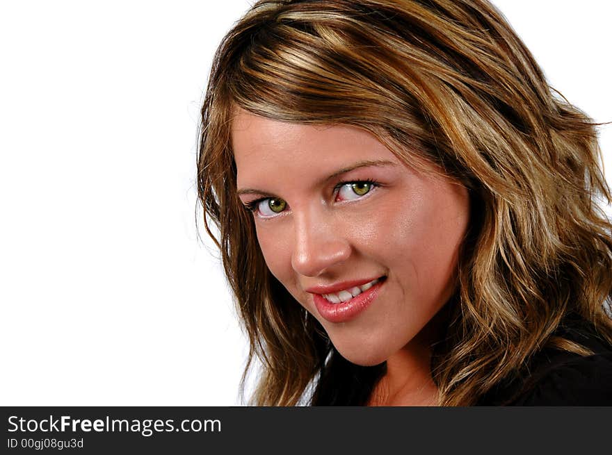 Beautiful woman looking straight isolated over a white background