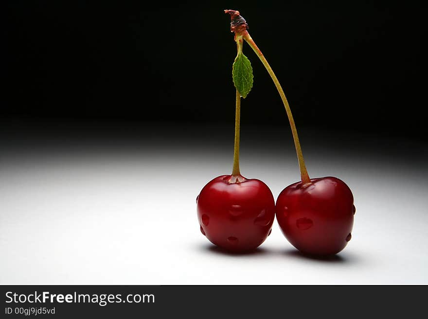 Two Cherries with water drops. Two Cherries with water drops