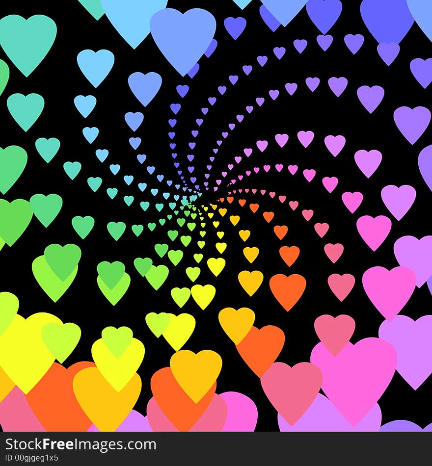 Rainbow hearts on black background