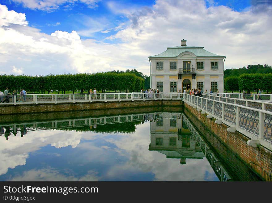 Landscape with palace, sky, clouds and its reflection. Landscape with palace, sky, clouds and its reflection