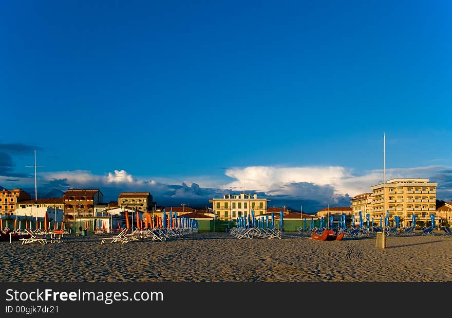 Sandy beach at sunset, Tuscany. Sandy beach at sunset, Tuscany