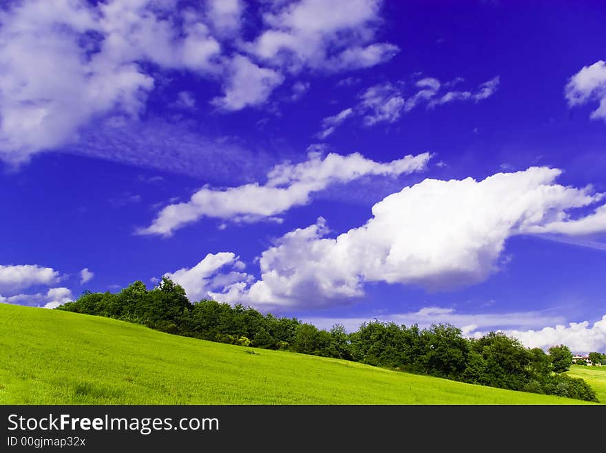 Yellow field and a vivd blue sky in this postcard style photo from Umbria