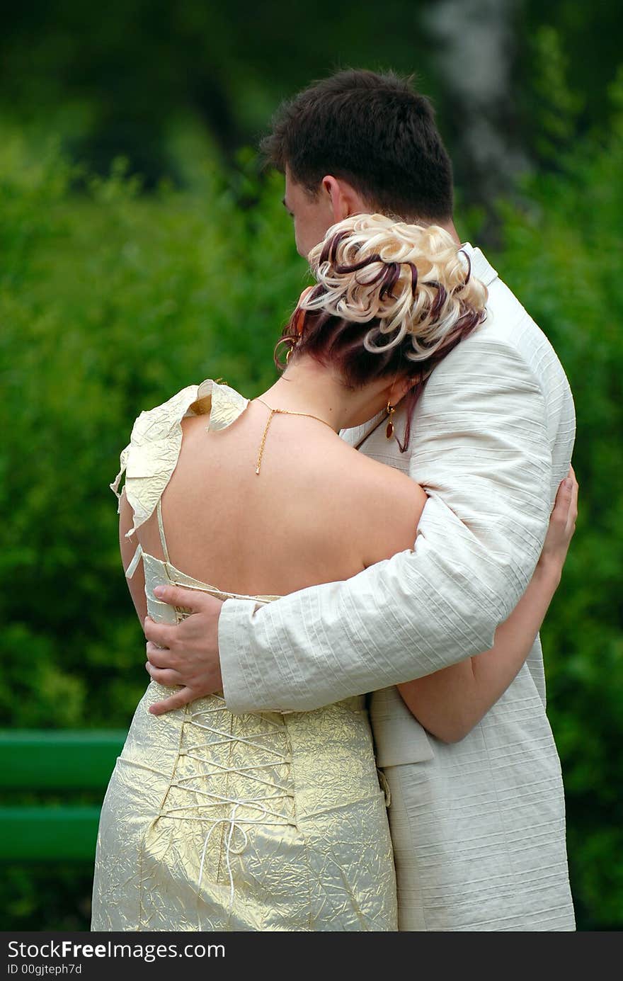 The groom with the bride stand having embraced on a green background. The groom with the bride stand having embraced on a green background