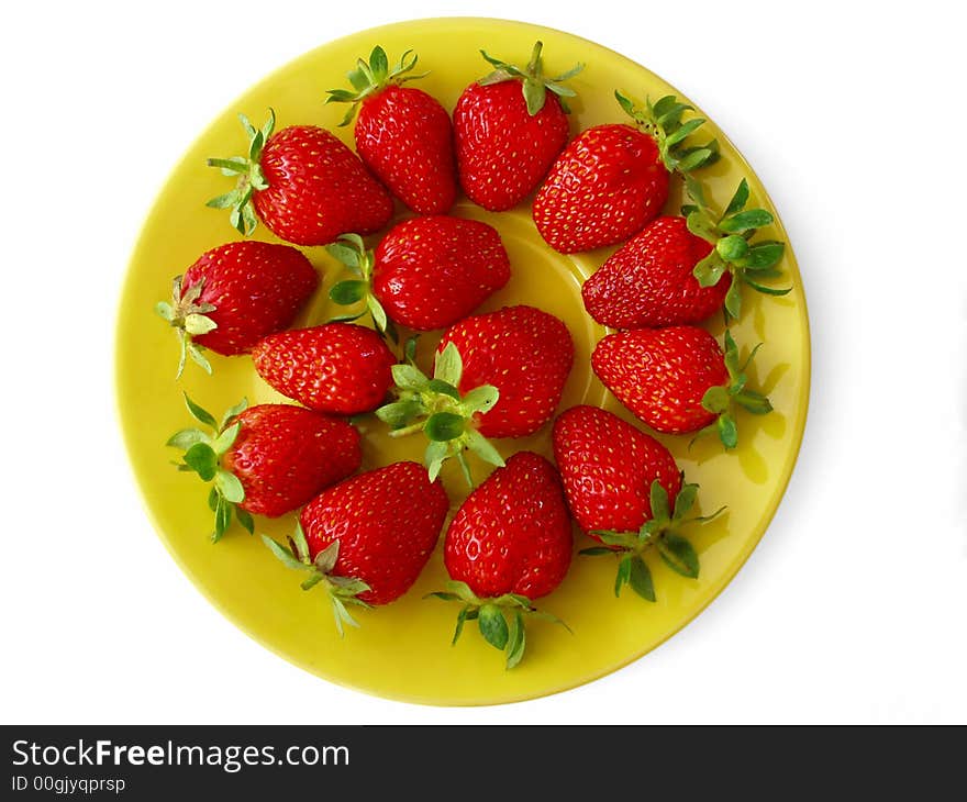 Fresh Strawberries on Yellow Plate Isolated on White Background