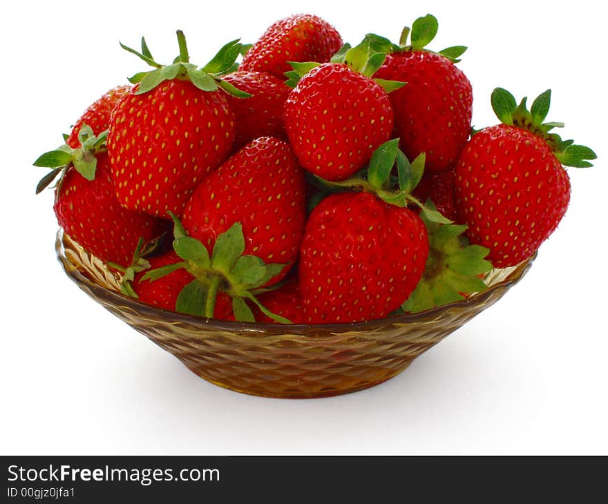 Fresh Strawberries in Brown Bowl Isolated on White Background