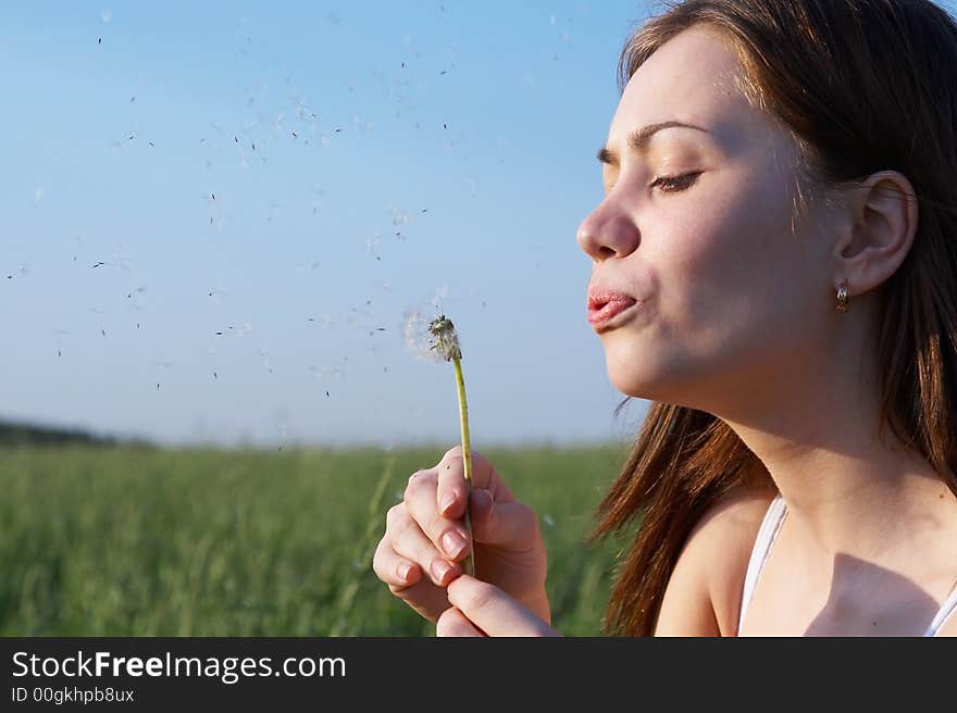 The girl and a dandelion. The girl and a dandelion