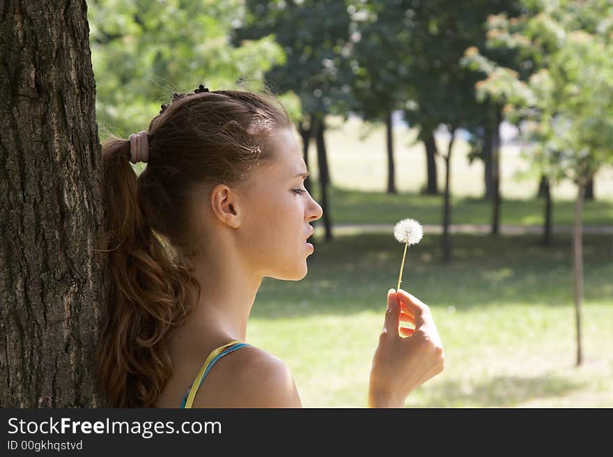 The girl and a dandelion. The girl and a dandelion