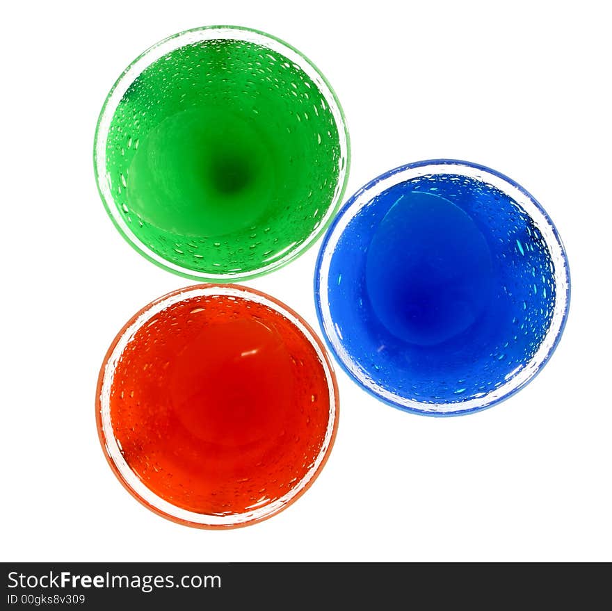 Top view at red green blue circles made of drink glass. Top view at red green blue circles made of drink glass