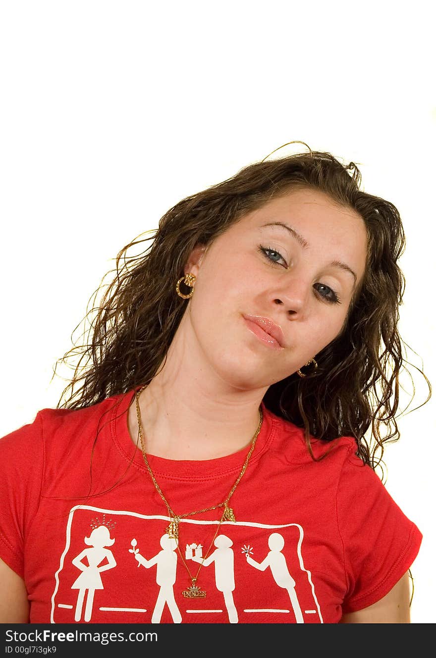 Teenage Caucasian girl in red shirt isolated over white