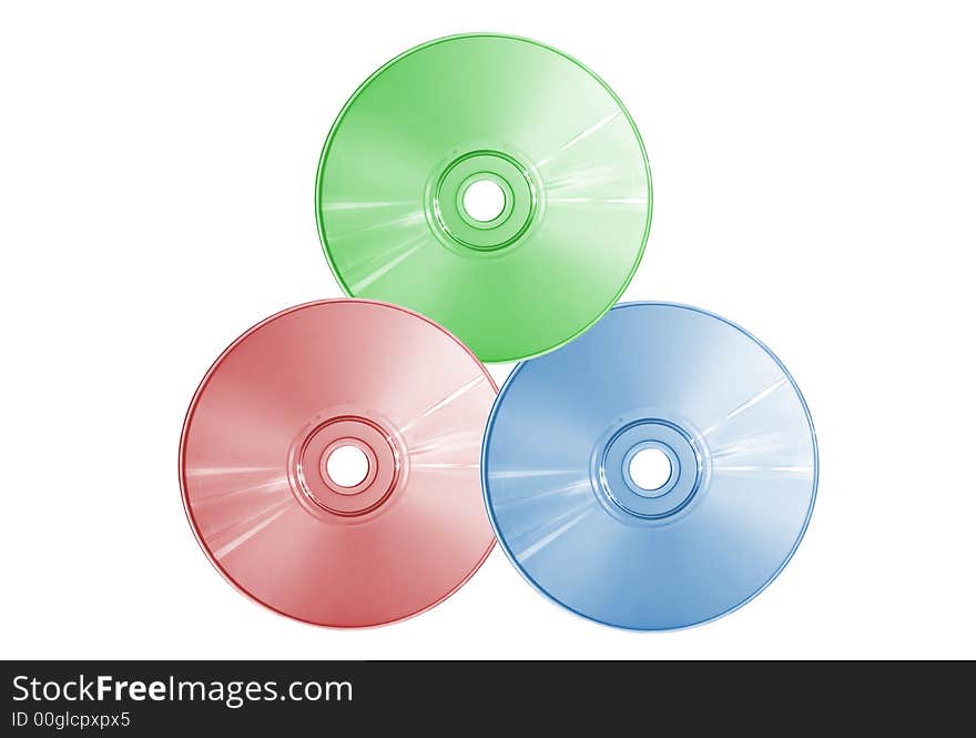 Three compact discs on a white background close up