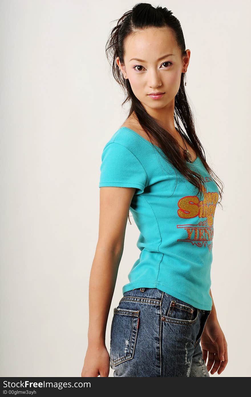 Modern Chinese girl in blue T-shirt