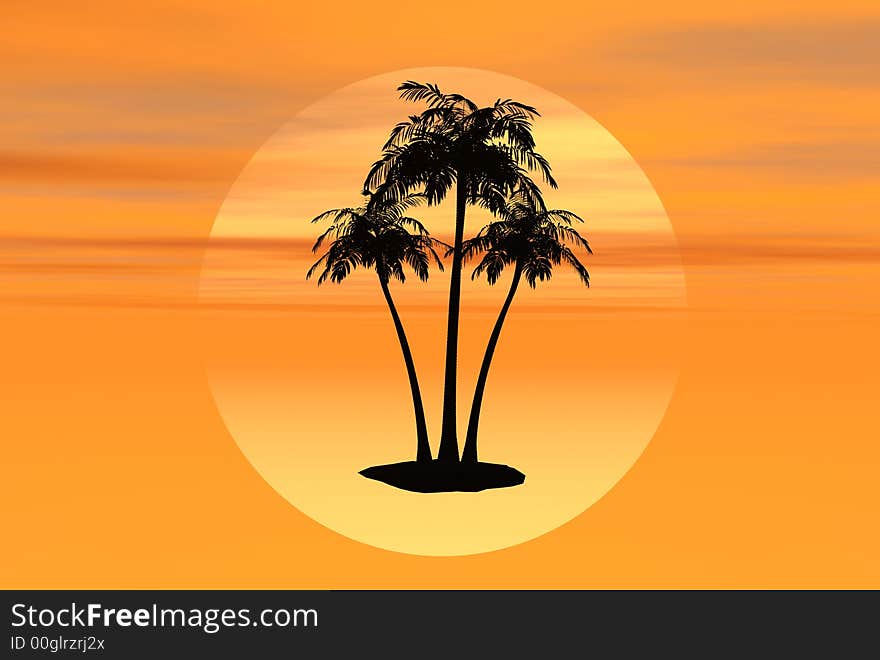 3D-render palm trees and sunset silhouette