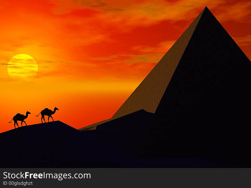 3D render of camel and sunset