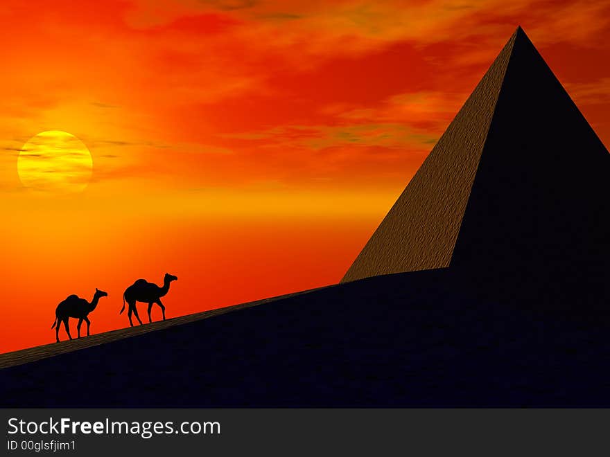 3D render of camel and sunset