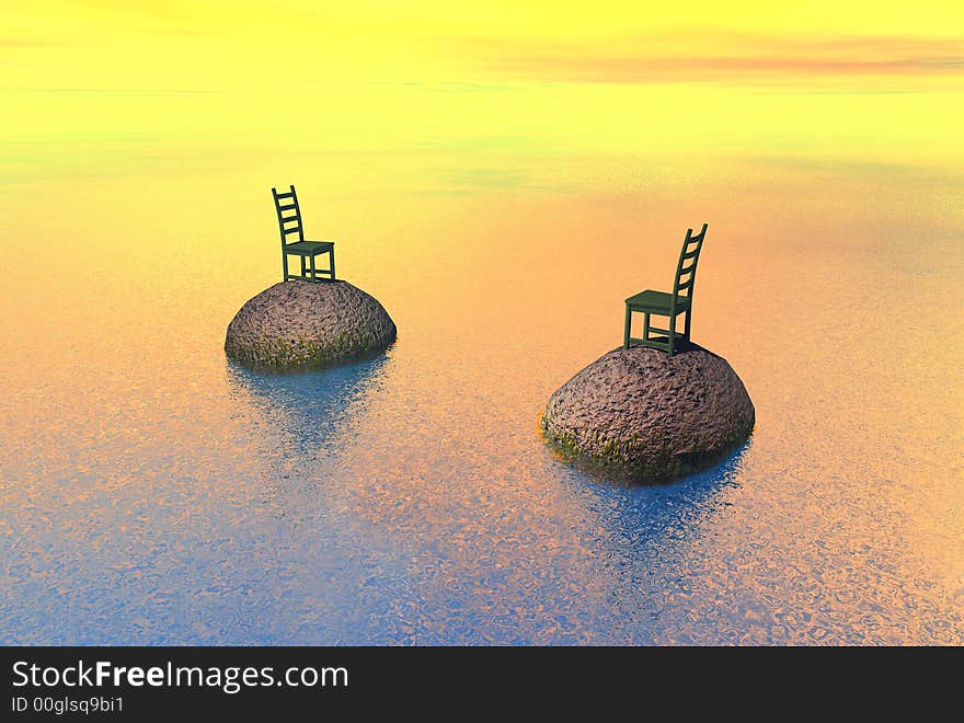 A 3D render chairs and rocks