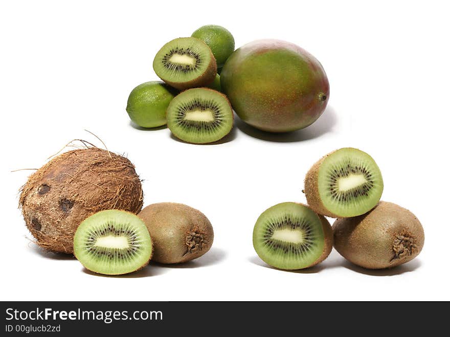 Kiwi, grapefruit, lime and coco isolated on white. Kiwi, grapefruit, lime and coco isolated on white