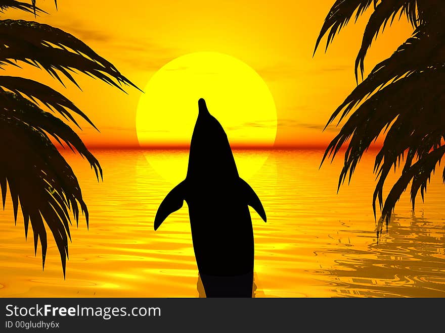 3D render of dolphins and sunset