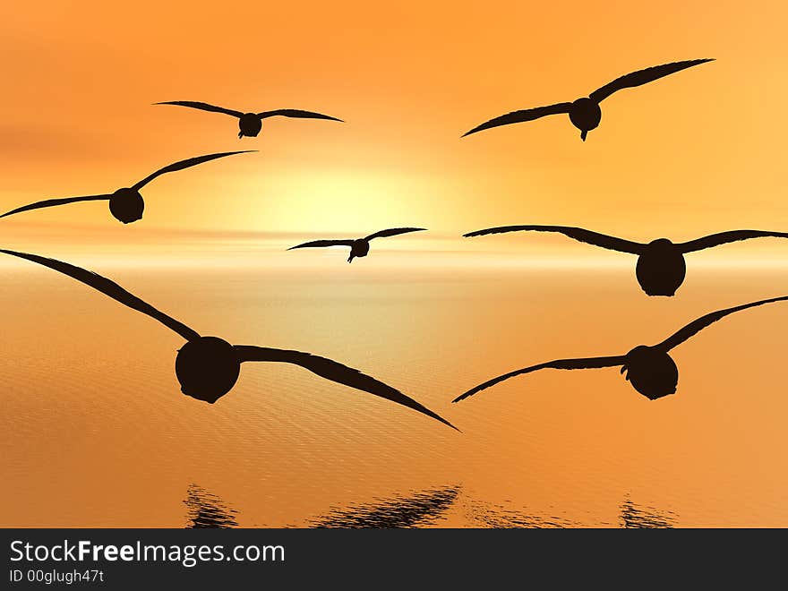 3D render of seagulls and sunset