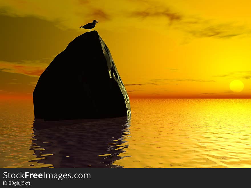 3D render of seagulls and sunset