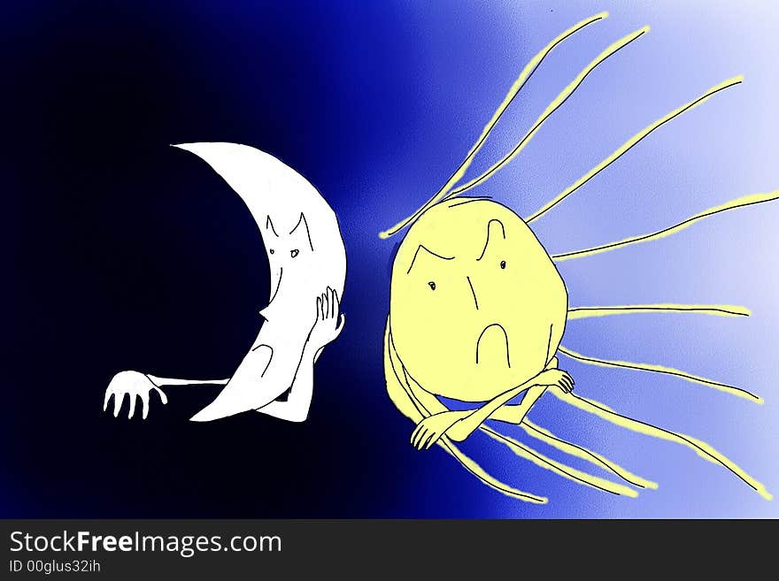 Angry sun against angry moon. Sun rise or day vs night metaphor. Hand drawing. Angry sun against angry moon. Sun rise or day vs night metaphor. Hand drawing.