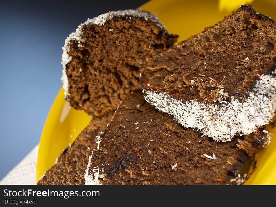 Fresh cocoa baked cake with coconut