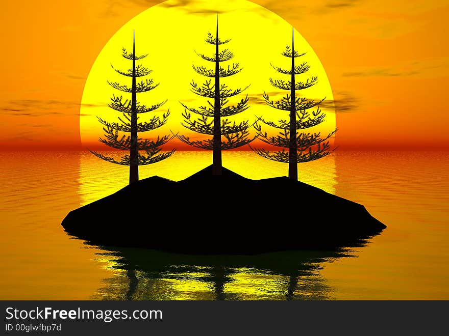 3D-render  trees and sunset silhouette